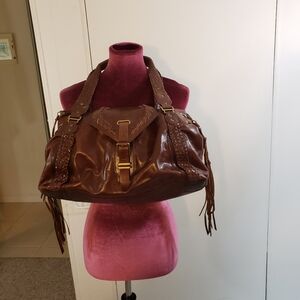 COLE HAAN Sierra  Brown Leather Hand Bag Satchel Braided straps and fringe SP06